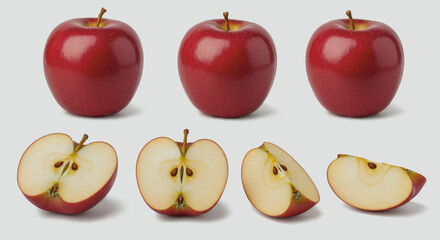 Three whole red apples and four apple halves arranged on a light background.