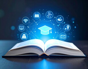 Open book with glowing digital education icons