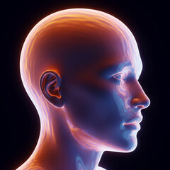 3d rendered illustration of a human head. human head silhouette with brain. Glowing digital human head profile in orange and blue.