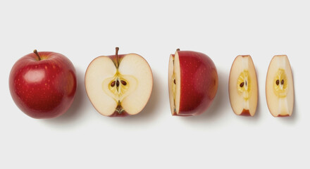 Red apple whole half and slices arranged on a white surface.