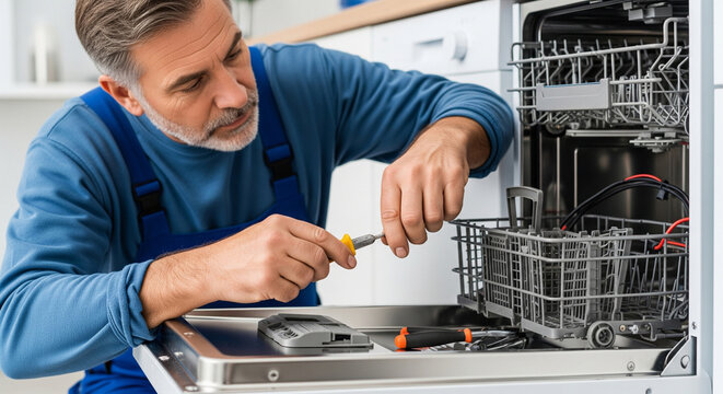 A handyman repairs a broken dishwasher, service repair, warranty repair of household appliances, close-up