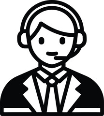 Black and white icon of a person wearing a headset and suit microphone