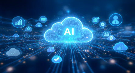 AI Cloud Computing Concept: Artificial Intelligence, Big Data, and Digital Network. Technology and Global Connectivity.