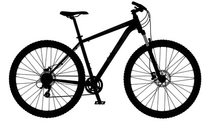 Black vector silhouette of an isolated sport bicycle with a prominent wheel, frame, and pedals, perfect for depicting cycling or mountain biking