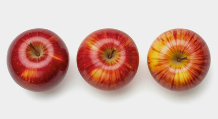Three red apples lined up on a white surface viewed from above.