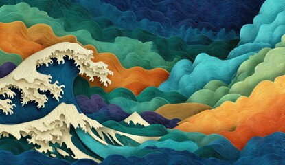Colorful, layered paper wave and mountain landscape