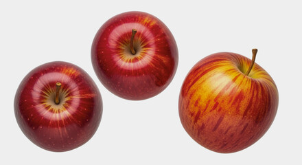 Three red apples are arranged on a plain white background.