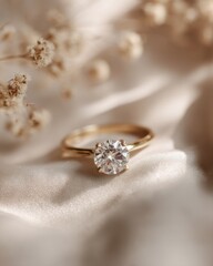 A close-up of a beautiful diamond ring on a soft fabric