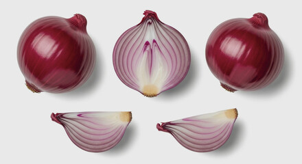 Three red onions whole and sliced on a white background.