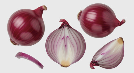 Red onions whole half and slice on a white background.