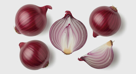 Red onions whole half and slice on a white surface top view.