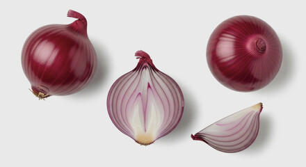 Four red onions whole halved and quartered on a white surface.