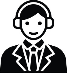 Black and white icon of a person wearing headphones and a suit male 1