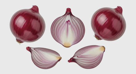Red onions whole and sliced on a white background.