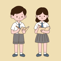 students taking notes in a notebook. Minimal line illustration design.