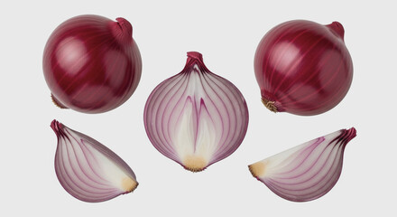 Red onions whole half and quartered arranged on a white background.