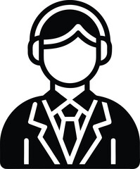 Black and white icon of a person wearing headphones and a suit male user