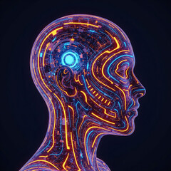 3d rendered illustration of a human head. human head silhouette with brain. Glowing digital human head profile in orange and blue.