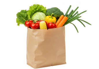 Brown paper bag filled with fresh vegetables isolated on transparent background