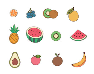 Various summer tropical fruit icons. Minimal line illustration design.