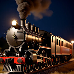 Obraz premium Vintage Steam Locomotive Moving Through Rainy Forest Track in Misty Morning