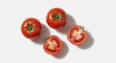 Four tomatoes two whole two halved on a white surface.