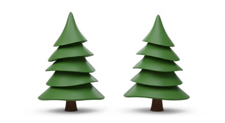 Obraz premium Two stylized, green Christmas trees with brown trunks stand side-by-side against a white background, casting soft shadows.