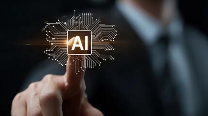 Businessman Touching Cyberpunk AI Circuit Board Icon with Neon Lighting, Symbolizing Artificial Intelligence, Machine Learning, and Futuristic Technology Innovation