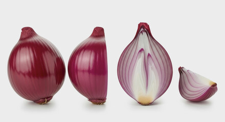 Red onions whole halves and quartered isolated on white background.