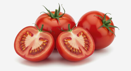 Three whole tomatoes and one tomato cut in half on a white background.