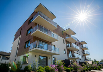 Obraz premium A modern apartment building with wood siding and glass balconies under a bright sun flare
