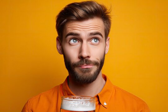 Man in orange shirt looking up holding a beer against a yellow background