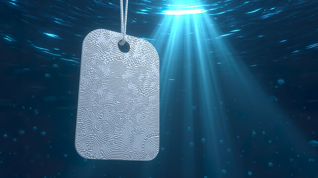 Vintage paper tag floating in blue space with abstract texture, minimalist design concept.