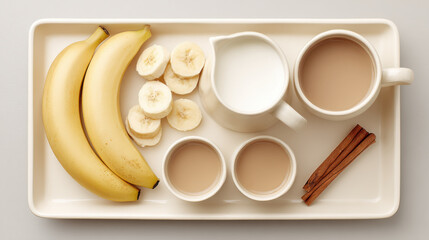 A visually appealing arrangement featuring bananas, coffee, and cinnamon sticks on a tray.