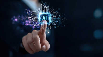 Businessman Touching Cyberpunk AI Circuit Board Icon with Neon Lighting, Symbolizing Artificial Intelligence, Machine Learning, and Futuristic Technology Innovation