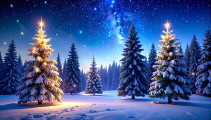 Snowy forest scene at night, illuminated Christmas trees under a starry sky