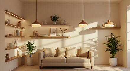 Modern Living Room Interior Design with Brown Leather Chair, Beige Sofa and Wooden Wall Panels - 3D Illustration	