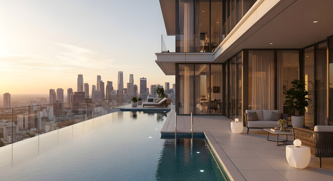 A luxurious rooftop terrace with an infinity pool and modern furniture overlooking a city skyline at sunset - Powered by Adobe