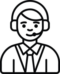 Black and white line art icon of a smiling person wearing a headset and collar shirt microphone