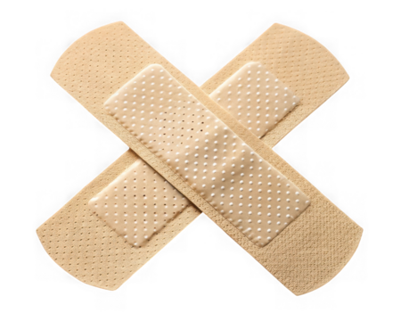 Two adhesive bandages crossed in an x shape isolated on transparent background
