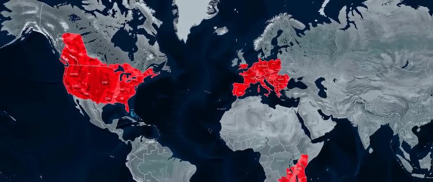 Red highlighted regions on world map