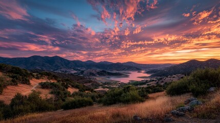Obraz premium Orange and Pink Sunset Over a Valley Between Hills and Lake