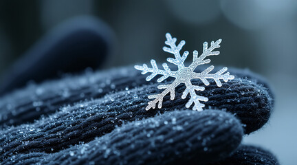 Close-Up of Frosty Snowflake on a Black Winter Glove Surrounded by Snowy Background