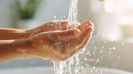 Fototapeta premium Hands under running water, creating a foamy, cleansing effect for skincare