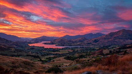 Naklejka premium Orange and Pink Sunset Over a Valley Between Hills and Lake
