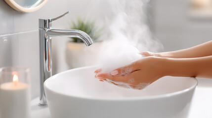 Woman washing hands with frothy soap, promoting natural skincare and eco beauty.