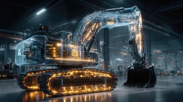 Futuristic Digital Wireframe Model of an Excavator in a High-Tech Manufacturing Facility
