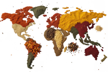 A vibrant and colorful world map artfully crafted from a diverse assortment of dried spices and herbs isolated on transparent background