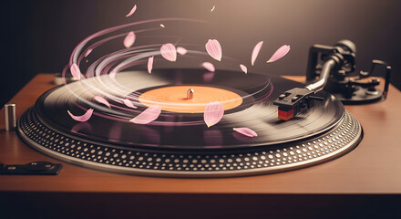 Nostalgic melody on a vinyl record player, with pink petals swirling in a magical dance of sound and nature.