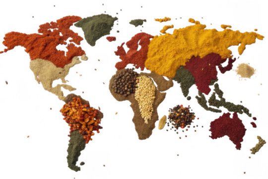 A vibrant and colorful world map artfully crafted from a diverse assortment of dried spices and herbs isolated on transparent background